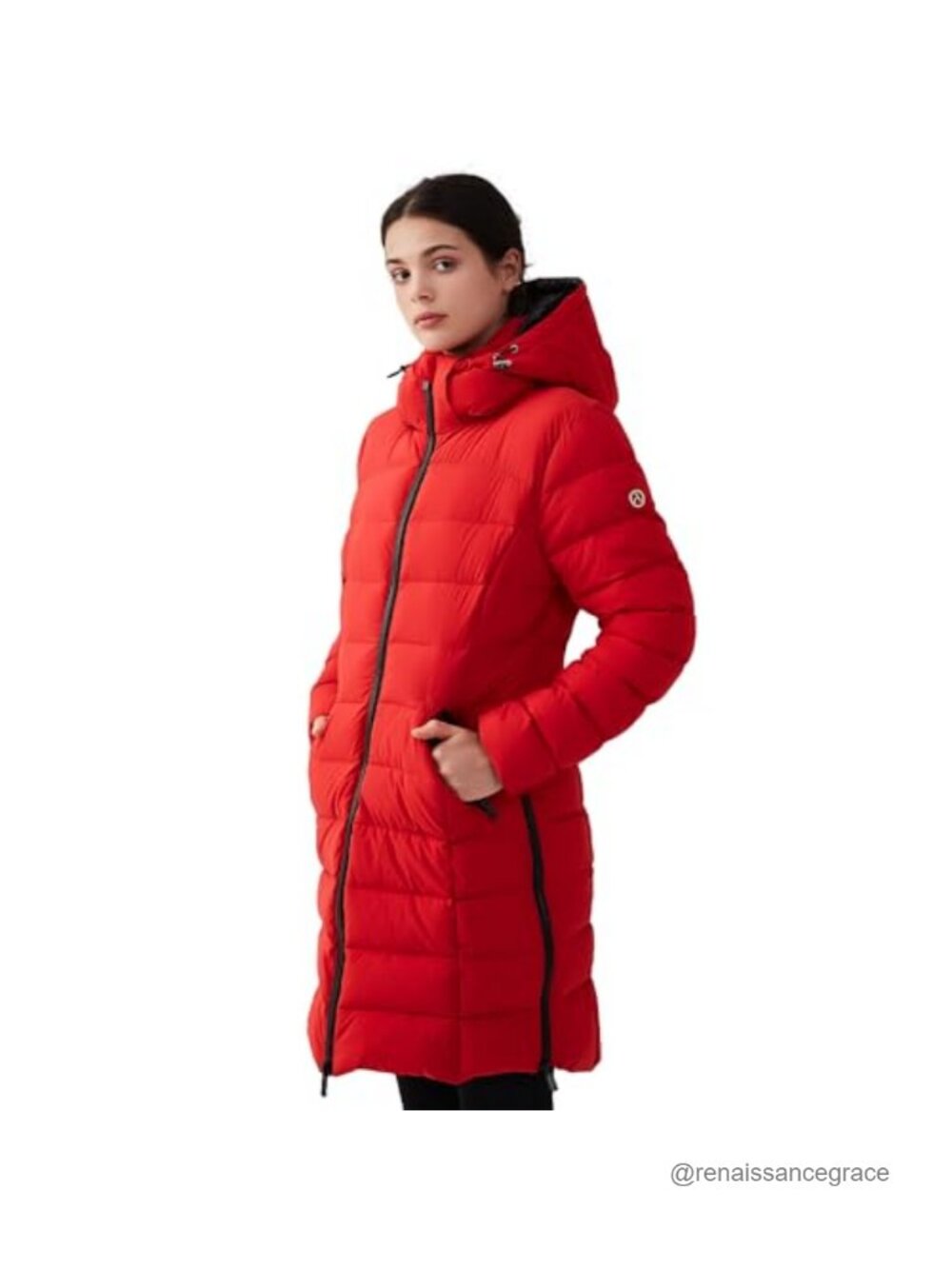 Women's Long Packable Hooded Puffer Coat Slim Fit Side Zippers